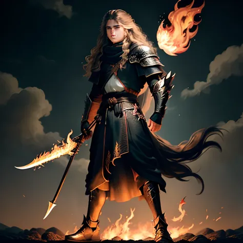 A long-haired teenager covered his left hand with flames，Holding a spear in his right hand，Stand on top of the black dragon