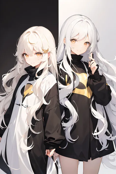 1womanl, ((Long wavy hair)), ((Half of her hair is white、The other half is black、Divided into 2 colors)), swept bangs, ((Golden Eyes)), Smile, Modern clothes