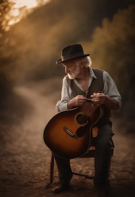 Old man in hat back with a guitar, absurd resolution