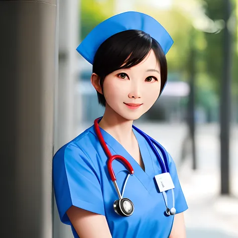 aged 40，Short hair，largeeyes，A beautiful nurse who looks like Yuan Quan