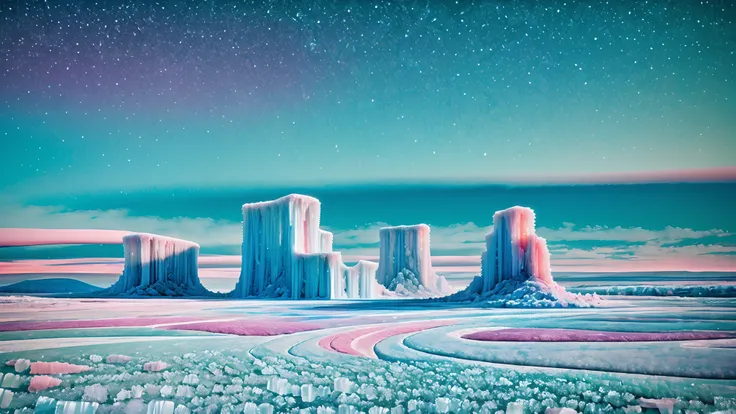 [Understated psychedelic] landscape with unexpected geological formations, and lush vegetation, all covered in a layer of crystalline (((Rime ice))) that sparkles under a surreal multicolored sky.