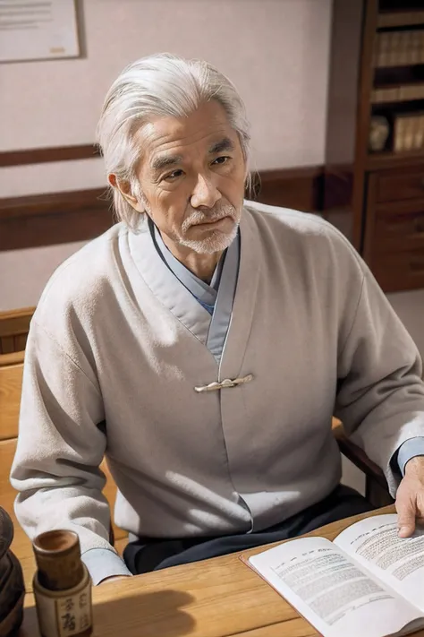 Traditional Chinese Medicine Hall，The white-haired old Chinese medicine doctor sat at the table，On the table are basic ancient medical books，Close-up frontal view