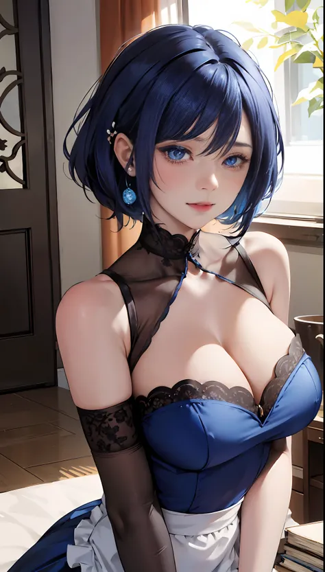 (masutepiece,: 1.2, Best Quality), (1 Lady, Solo, Upper body: 1.2) Short dark blue hair, Clothing: flowing skirt, short blue shoulder-length hair accessories: hair pin, hair: Short Blue Shoulder-length hair Makeup: natural, Glowing skin, Behavior: Blushing...