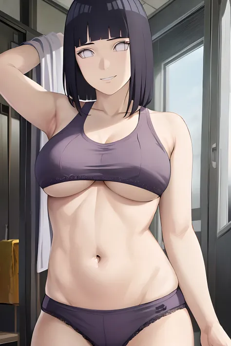 masterpiece, absurdres , (intricate details), (colorful),cinematic lighting,bust shot,extremely detailed CG unity 8k wallpaper ,hinata(boruto), 1girl, solo,mature female, arm up, looking at viewer, sports bra, locker room,cowboy shot, cute smile, Big breas...