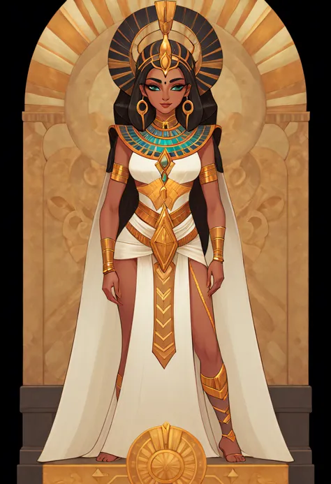 1 rapariga, queen of Egypt, Egyptian costumes, the sphinx, Full body standing painting, (((独奏))), Clear facial features, Simple line design, ((tarot card background, symmetric beauty)), perfectly symmetrical, The art of symmetry, Standing drawings of chara...