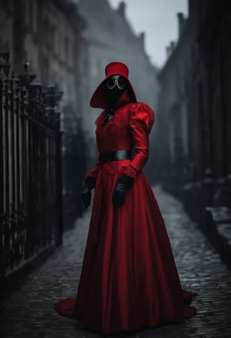 plague doctor with red goggles, the long coat like dress has leg cuts, revealed legs with lace straps and fishnets, wearing black stilettos, male high quality image 20 year old