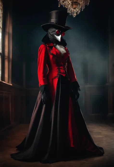 plague doctor with red goggles, the long coat like dress has leg cuts, revealed legs with lace straps and fishnets, wearing black stilettos, male high quality image 20 year old