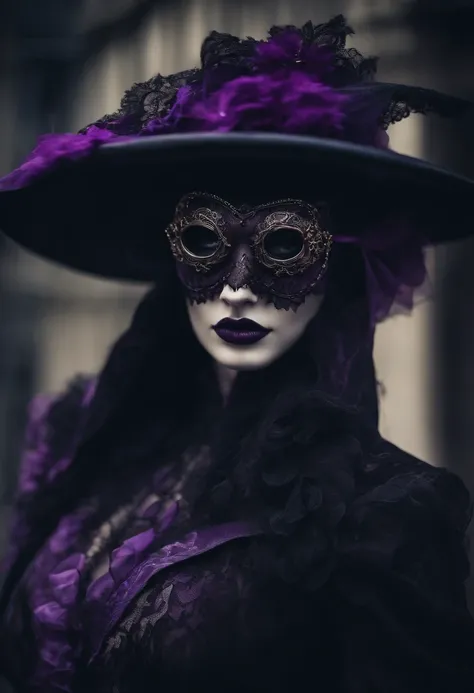 plague doctor with purple goggles, the long coat like dress has leg cuts, revealed legs with lace straps and fishnets, wearing black stilettos, male high quality image 20 year old