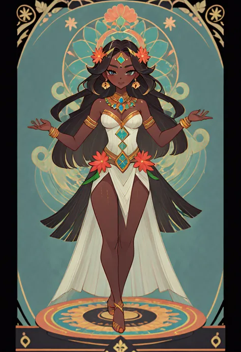 1 girls dancing, Black skin, hula skirt, Full body standing painting, (((独奏))), Clear facial features, Simple line design, ((tarot card background, symmetric beauty)), perfectly symmetrical, The art of symmetry, Standing drawings of characters, ((flatcolor...