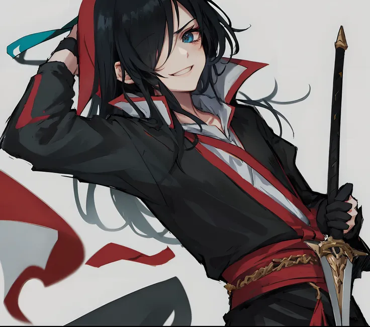 Anime boy, 14, long black hair covering one eye, with sword with a smug smile