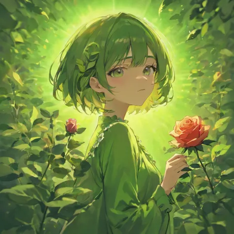 (Girl with Rose Shorthair)Detailed, High-quality images，Dynamic Pose，Focus on facial features，Green roses on background，glowing sun，black colored hair，stares at the camera