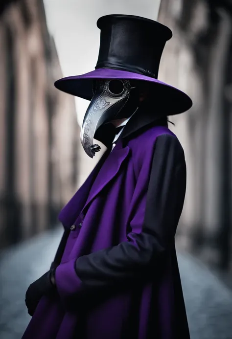 plague doctor with purple goggles, the long coat like dress has leg cuts, revealed legs with lace straps and fishnets, wearing black stilettos, ((male)) high quality image 20 year old