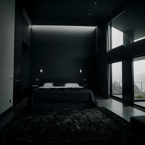 blacked out modern bedroom inside a black modern mansion in the mountain in a foggy day