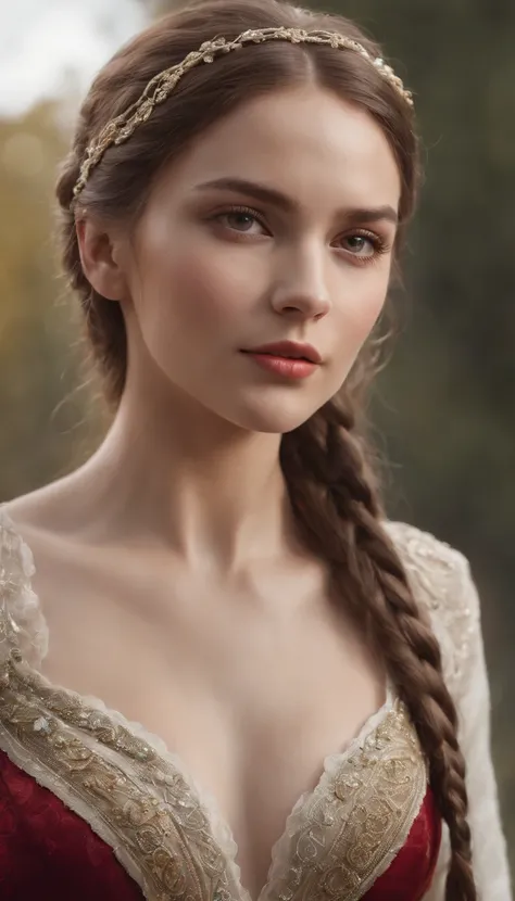 Ultra-realistic portrait of a woman of exquisite beauty, rendering it with the utmost precision. She has great long braids, Eyes of captivating depth, and impeccably detailed facial features, mettant en valeur son allure naturelle. Her full, beautiful body...