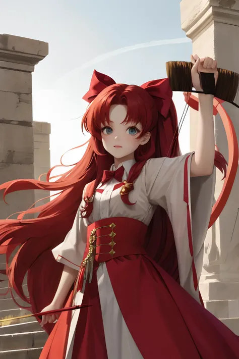 Anime girl, ten years old, long red hair, with bow and arrow, in ancient clothing