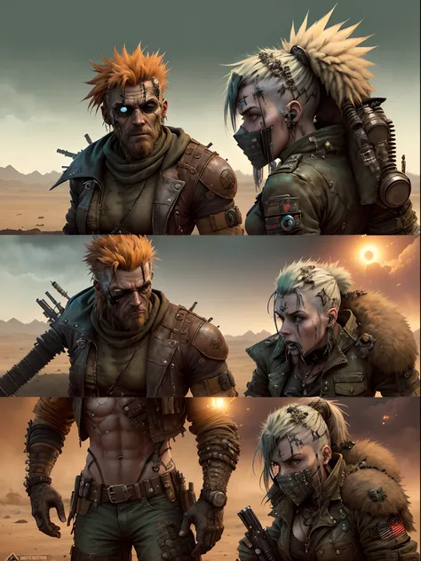 postapocalypse, two badass gritty soldiers, male and female, cybernetics, survival gear, desert wasteland, grimdark, dystopian, post-cyberpunk, cinematic