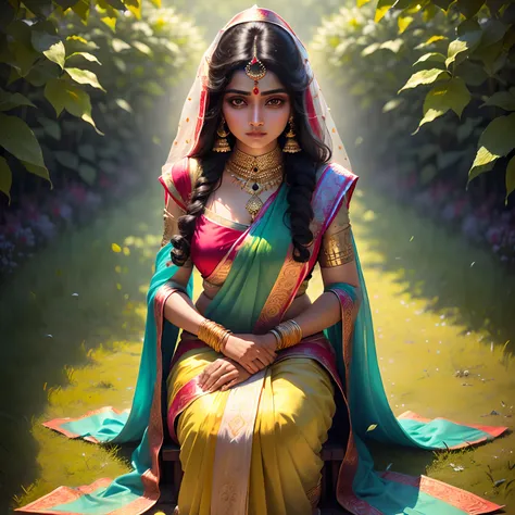 A beautiful Indian woman maa Lakshmi ultra realistic picture standing on a garden maa Lakshmi green
sari with oval shap face big eyes 8k resolution high graphic picture looking towards the camera full body image pro rays resolution extreemly beautiful Indi...