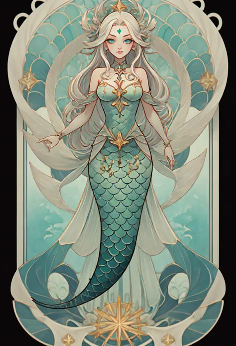 1 mermaid, marine clothing, full body standing painting, (((独奏))), clear facial features, simple line design, ((tarot card backg...