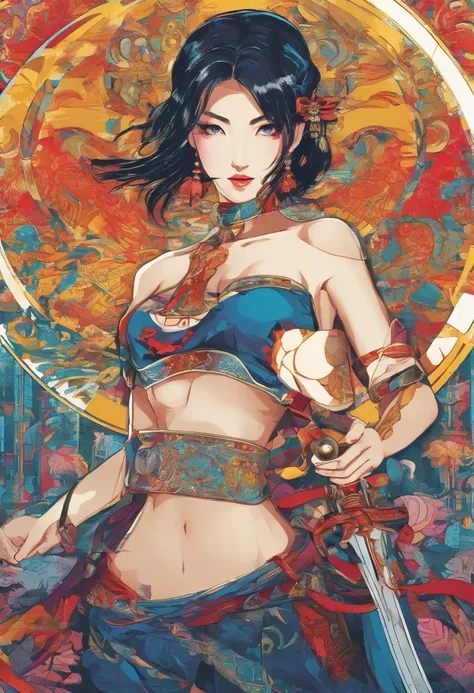 Best quality,masterpiece,ultra high res,(photorealistic:1.4),xiuxian,weapon,Detailed face,, 1girl,solo,weapon,cleavage,(magic circle:1.2),xiuxian,upper body,Beautiful girl,full body,east asian architecture,sheath,architecture,