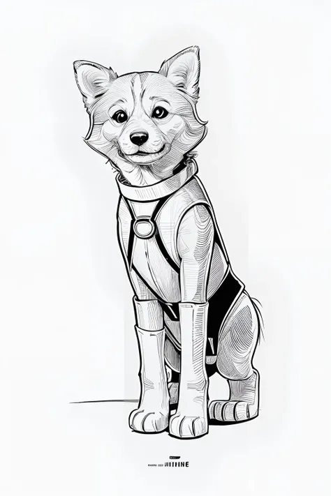 simple line-art-monochrome-lithograph ligne-claire-drawing of cute-canine-robot-Tramp, perspective, Illustration by Bob Montana, ((((ligne claire drawing style)))), Tintin coloring book, no background, black outline only, ((((white background)))), Marvel, ...