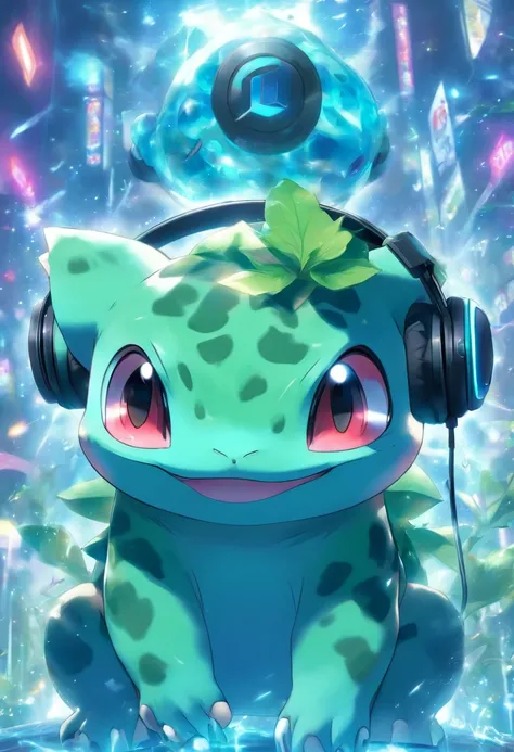 Bulbasaur has a headset，A mais alta qualidade de imagem，cinematic texture，uma obra-prima，tmasterpiece，Horizontal, wallpaperk