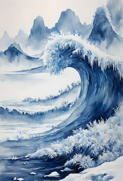 (ink and watercolor painting:1.5), (Landscape painting:1.5), (Tasteful:1.5), (ink and watercolor painting:1.5), (Chinese style:1.5), (rime ice:1.5), (rime ice:1.5), (ice crystals:1.5), (rime ice covered the wave:1.5), (frozen sea:1.5), (rime ice forms wave...