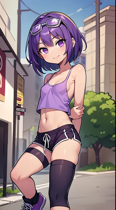 1 girl, young, tanned skin, Purple hair, spiky short hairstyle, lilac eyes, small breasts, detailed body, detailed face, detailed eyes, glistering body, tank top, Purple shorts, masterpiece, best quality, street, clear sky, sneakers,  goggles, smilling,