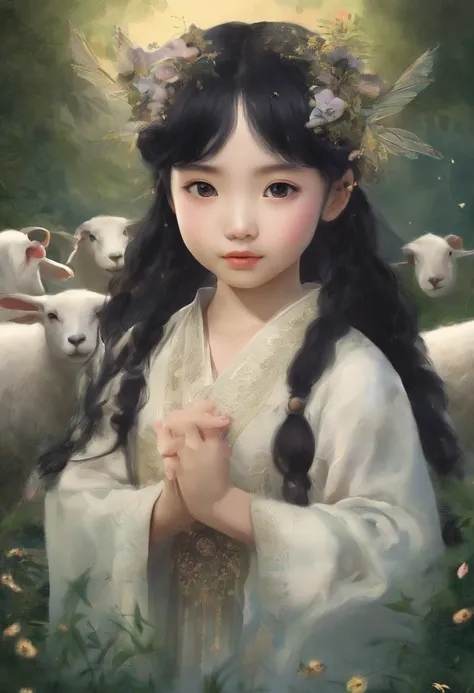 A Zhuang girl，Black hair，largeeyes，with a round face，Toiling in the fields，There are flocks of sheep next to it