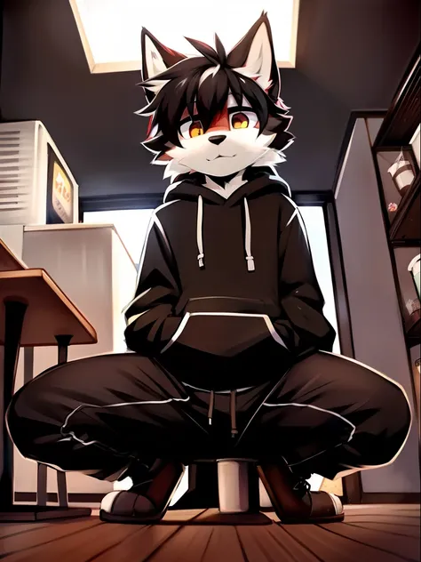 author: zackary911, (Coffee Soda: 1.1), hioshiru, zackary911, wolf, humans, boy, bara, Tight black hoodie, body hair, Look up, clear., From a small point of view.., (Hes looking down at the little one..), curvy thighs, huge thighs, Beep, Lean down.., squat...