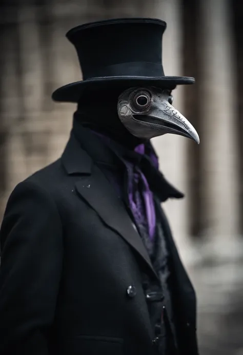 male plague doctor with purple goggles, cartoon, the long coat like dress has leg cuts, revealed legs with lace straps and fishnets, wearing black stilettos, high quality image 20 year old