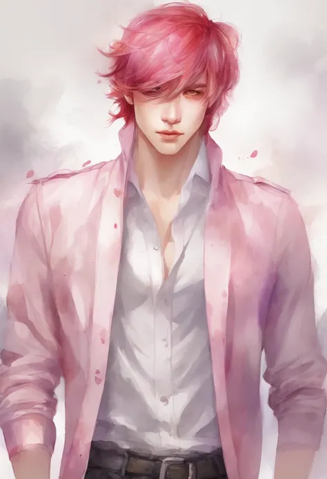 Man with pink and red hair and white clothes, Handsome face, purple eyes, Highly detailed young anime, 4K Wall Paper Caricature, Anime boy, detailed anime character art.