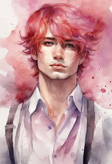 Man with pink and red hair and white clothes, Handsome face, purple eyes, Highly detailed young anime, 4K Wall Paper Caricature, Anime boy, detailed anime character art.