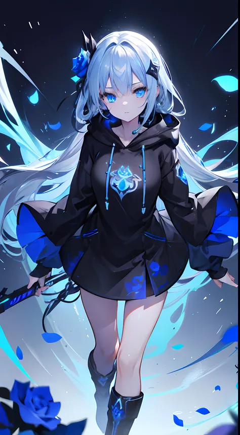 Top image quality、Standing Picture、full bodyesbian、ultra-definition、Detailed facial、A detailed eye、illustratio、the original god、a cool、With long silver hair、blue eyess、Blue glowing eyes、teens girl 、Black hoodie、Cyber Wind、wearing black boots、a black skirt、...