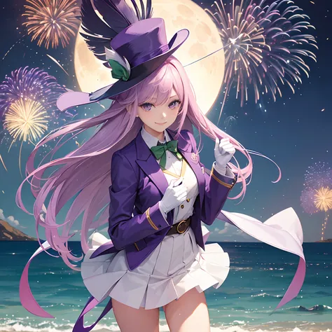 Masterpiece, Best quality, musse egret, Purple hat, hair pin, Green Ribbon, purple jacket, White gloves, belt, Purple miniskirt, Upper body, Blushing, Smile, view the viewer, beach, Night, Moon, Fireworks, Hands to chest