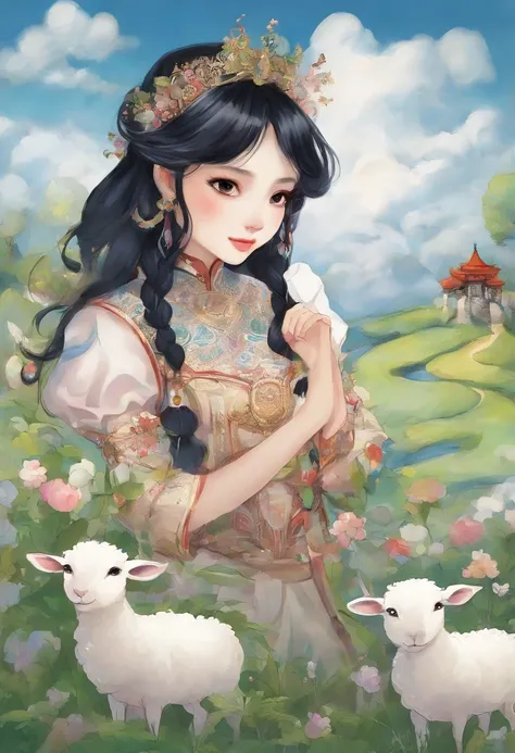 A Zhuang girl，Black hair，with a round face，largeeyes，The mouth smiles，Grazing sheep in the fields，with blue sky and white clouds，beautiful weather