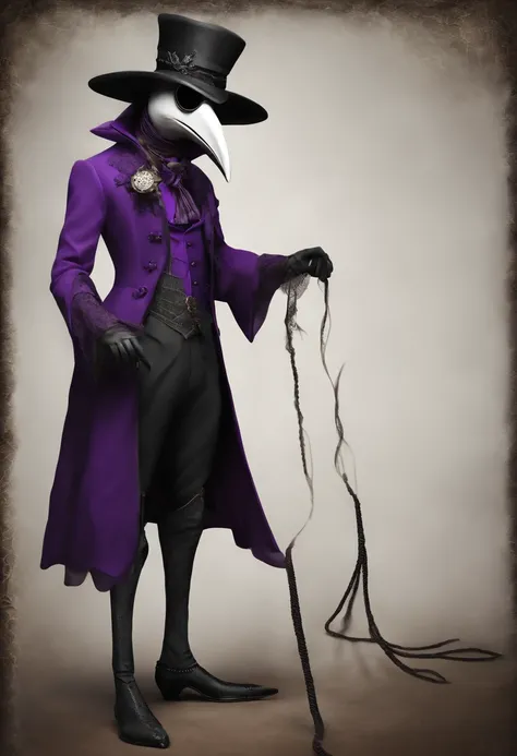 Male plague doctor with purple glasses, Cartoon, o casaco longo como vestido tem cortes nas pernas, - Revealed legs with lace straps and fishing nets, vestindo stilettos pretos, imagem de alta qualidade 20 anos de idade