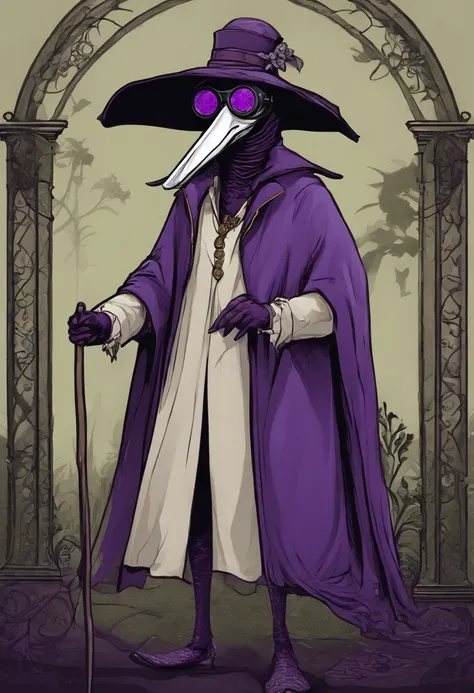 Male plague doctor with purple glasses, Cartoon, o casaco longo como vestido tem cortes nas pernas, - Revealed legs with lace straps and fishing nets, vestindo stilettos pretos, imagem de alta qualidade 20 anos de idade