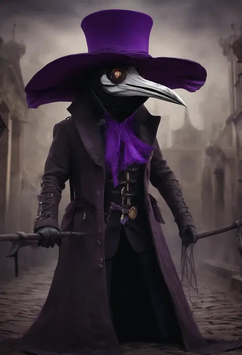 Male plague doctor with purple glasses, Cartoon, o casaco longo como vestido tem cortes nas pernas, - Revealed legs with lace straps and fishing nets, vestindo stilettos pretos, imagem de alta qualidade 20 anos de idade