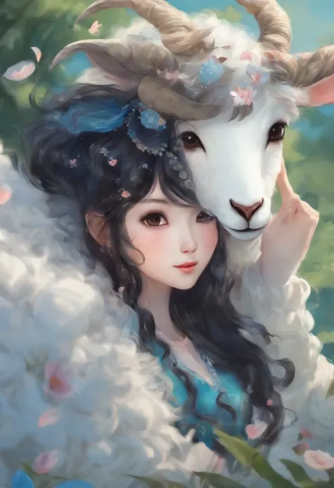 A Zhuang girl，Black hair，with a round face，largeeyes，The mouth smiles，A flock of sheep grazing in a field，with blue sky and white clouds，beautiful weather