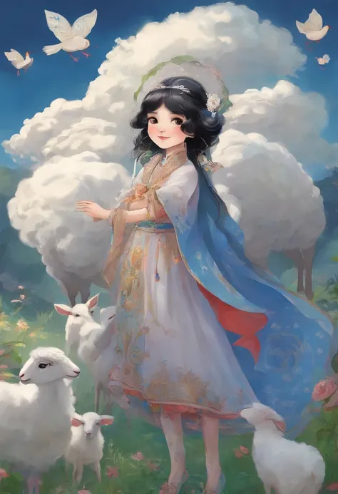 A Zhuang girl，Black hair，with a round face，largeeyes，The mouth smiles，A flock of sheep grazing in a field，with blue sky and white clouds，beautiful weather