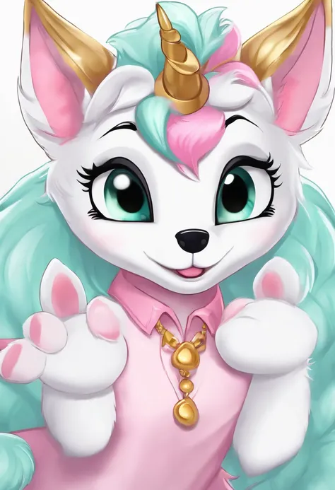 photorealistic, female, mascot, fursuit, animal character, anthropomorphic animal, unicorn, gold horn, red-pink hair, hot pink hair, black ,white, and gold body fur, mint green eyes, fluffy fur, fur covered body, beautiful proportions, realistic fur, reali...