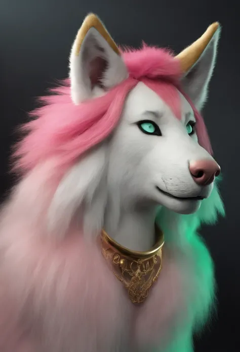 photorealistic, female, mascot, fursuit, animal character, anthropomorphic animal, unicorn, gold horn, red-pink hair, hot pink hair, black ,white, and gold body fur, mint green eyes, fluffy fur, fur covered body, beautiful proportions, realistic fur, reali...