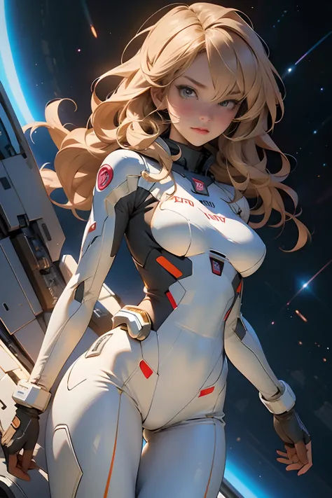 sandy hair fit body large breasts slender thighs slender waist pilot suit solo looking at viewer in space long hair blushing determination, 8k, extreme detail,