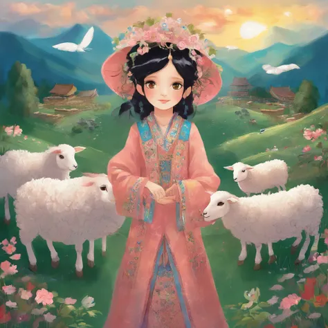 A Zhuang girl，Black hair，with a round face，largeeyes，The mouth smiles，A flock of sheep grazing in a field，with blue sky and white clouds，beautiful weather