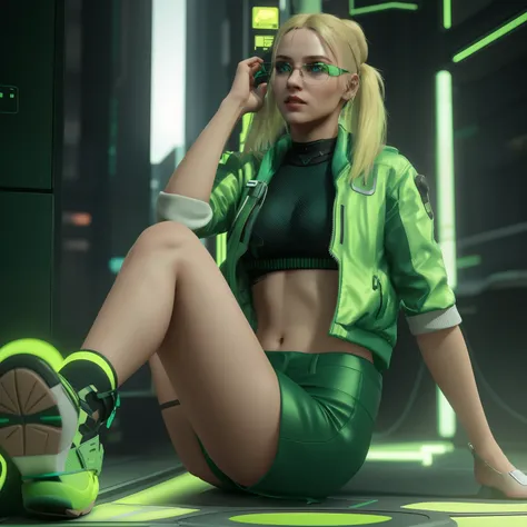 a young girl ,with a cute face,squatting,with a tightened ass,cyberpunk 2077 , Blonde both side ponytails, blue eyes, strange expression,green jacket in green tops navel,green pant