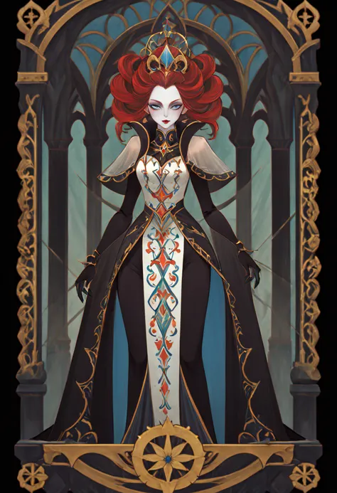 1 rapariga, Vampires, Medieval aristocratic costumes, Full body standing painting, (((独奏))), Clear facial features, Simple line design, ((tarot card background, symmetric beauty)), perfectly symmetrical, The art of symmetry, Standing drawings of characters...