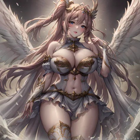 Quality over 8K, a female angel,Sexy,Long Blonde Hair,Anime,Goddess,Symmetrical blue eyes,Ultra detailed eyes,Transparent lingerie,forest,Sword,golden wings,Full body,hyperdetailed lips, hyperdetailed face, Double eyelids, Ultra Detailed feet,で,Beautiful l...