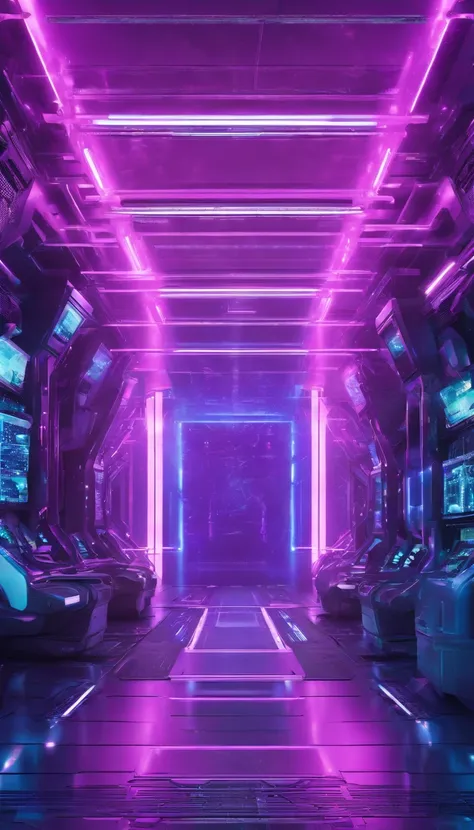 futuristic room with purple blue lights with computer in the middle