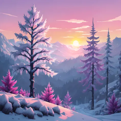 (Pixel art:1.5), (Rime Ice;1.3), (frozen trees:1.3), (alpine zone:1.3), (rime ice covered trees along skyline:1.3), (rime ice and snow:1.5), (sunrise:1.5),(sunrise magenta light:1.3),