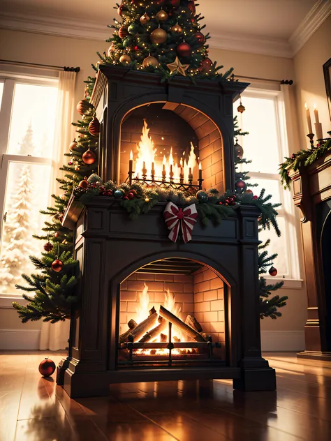 Full front view Christmas tree and fireplace, fotografia real, Super realistic rendering, realism rendering, 8k, --v6